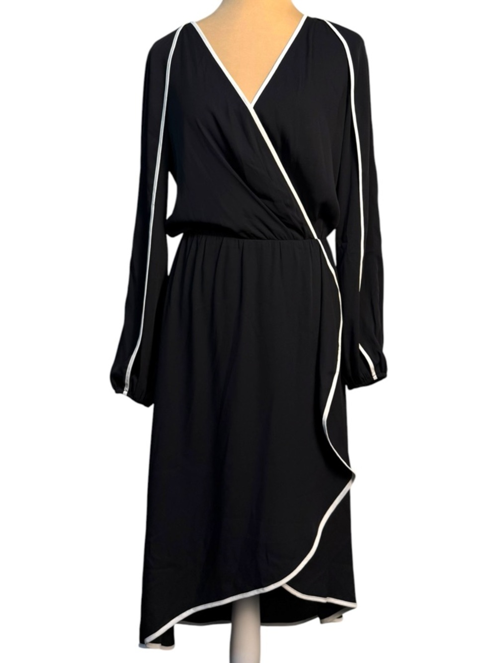 WHBM Black White Contrast Ruffle Midi Dress Size 2 Surplice High Low Tie Back